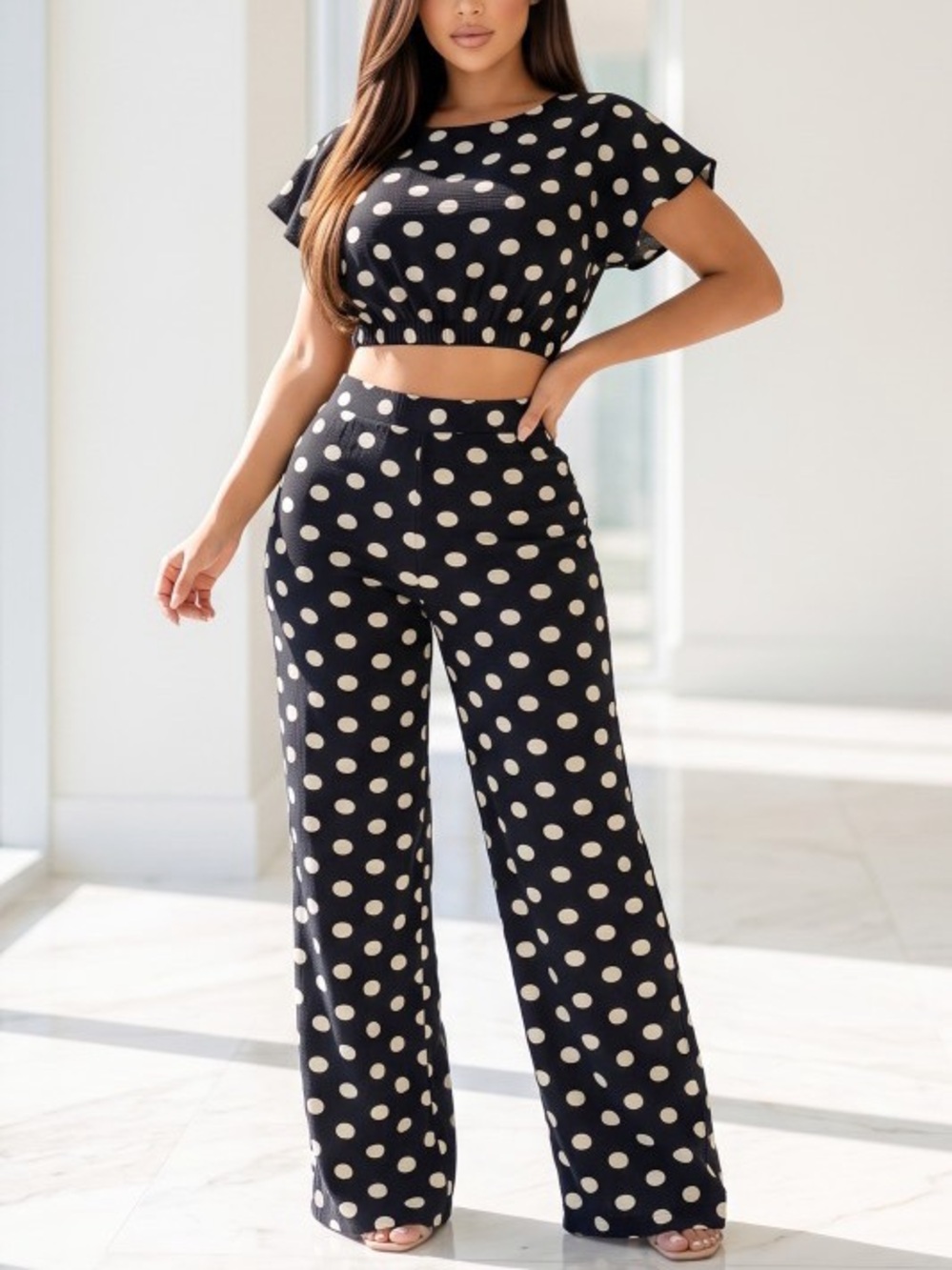 Polka Dot Wide-Leg Jumpsuit Set - Black & Cream ST-73950-2CLR
